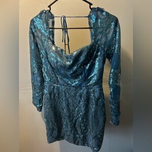 Blue Sequin Long Sleeve Dress